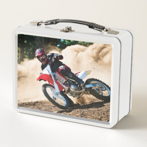 Motocross rider throw pillow metal lunch box