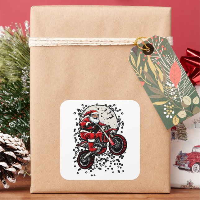 Motocross Santa Jumping Motorcycle Square Sticker (Holiday)