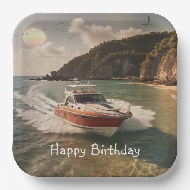 Motor Boat Birthday Paper Plates (Front)