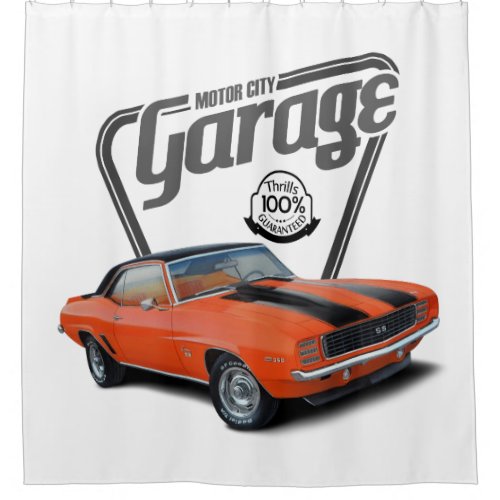 Motor City Garage Orange Camaro Shower Curtain