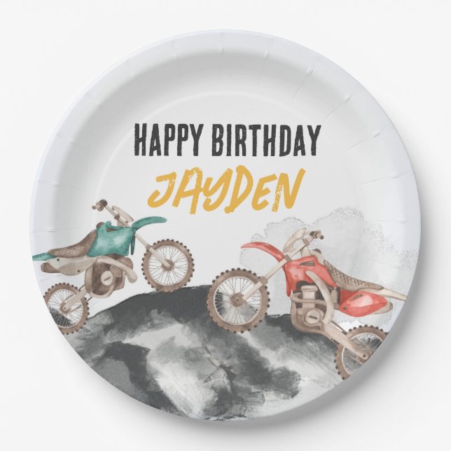 Motor Dirt Bike Fast One 1st birthday party Paper Plates (Front)