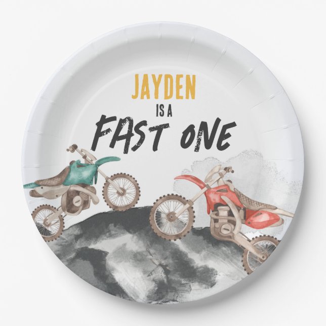 Motor Dirt Bike Fast One 1st birthday party Paper Plates (Front)