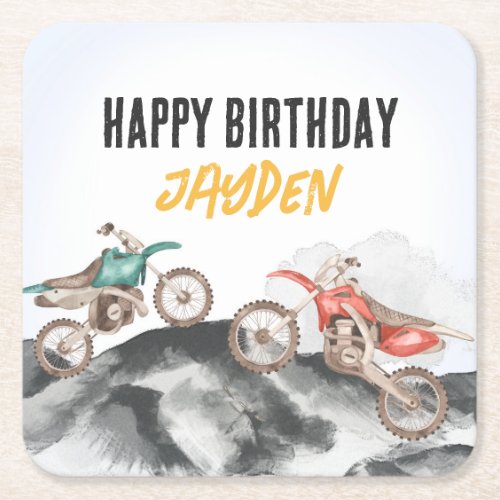 Motor Dirt Bike Fast One 1st birthday party Square Paper Coaster