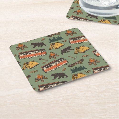 Motor Home Camp Adventures Pattern Square Paper Coaster