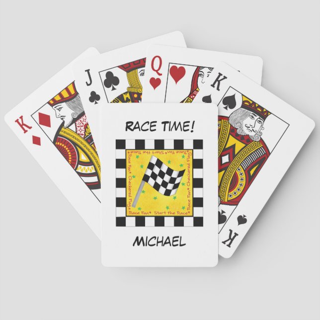 Motor Race Black White Checkered Flag Name Black Poker Cards (Back)