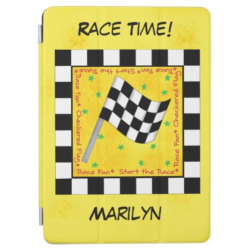 Motor Race Black White Checkered Flag Name Yellow iPad Air Cover