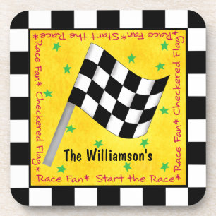 Motor Race Fan Checkered Flag Name Personalized Beverage Coaster