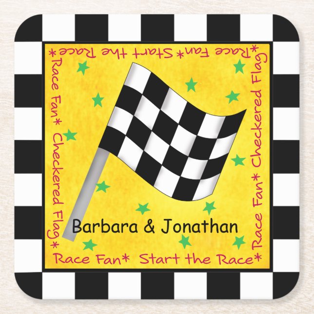 Motor Race Fan Checkered Flag Name Personalized Square Paper Coaster (Front)