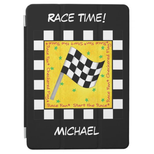 Motor Race Time Black White Checkered Flag Name iPad Air Cover