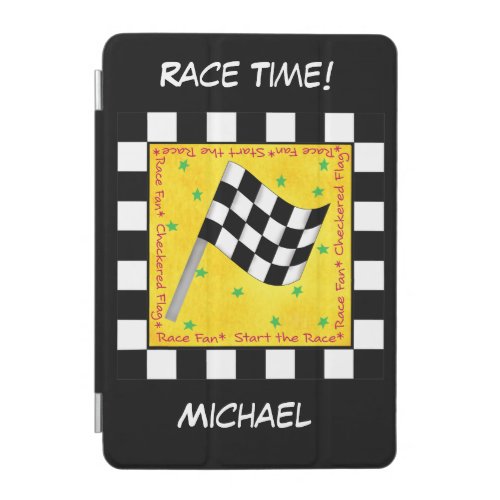 Motor Race Time Black White Checkered Flag Name iPad Mini Cover