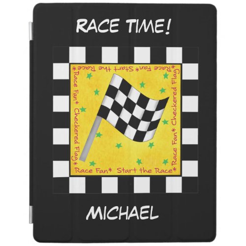 Motor Race Time Black White Checkered Flag Name iPad Smart Cover