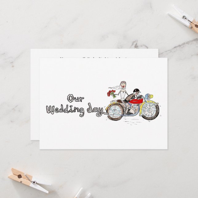 Motorbike Bride and Groom Wedding Invitation (Front/Back In Situ)