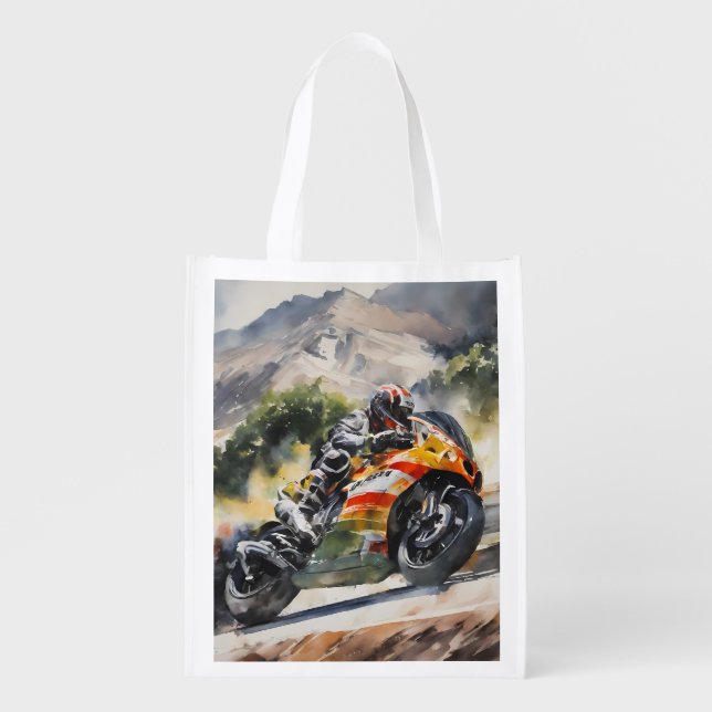 Motorbike cornering up a mountainside grocery bag (Front)