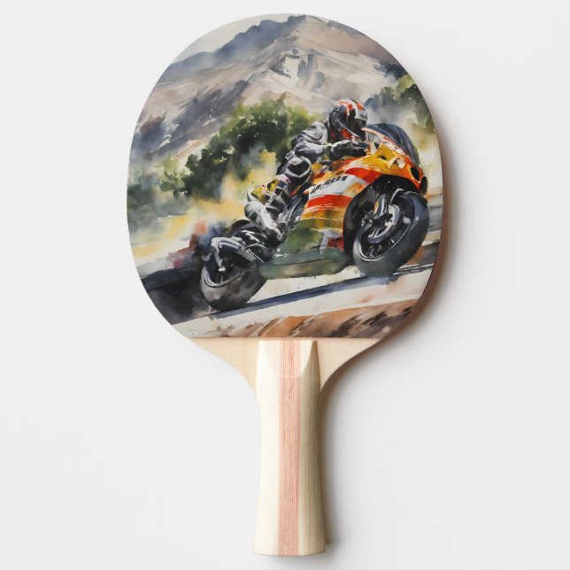 Motorbike cornering up a mountainside ping pong paddle (Front)