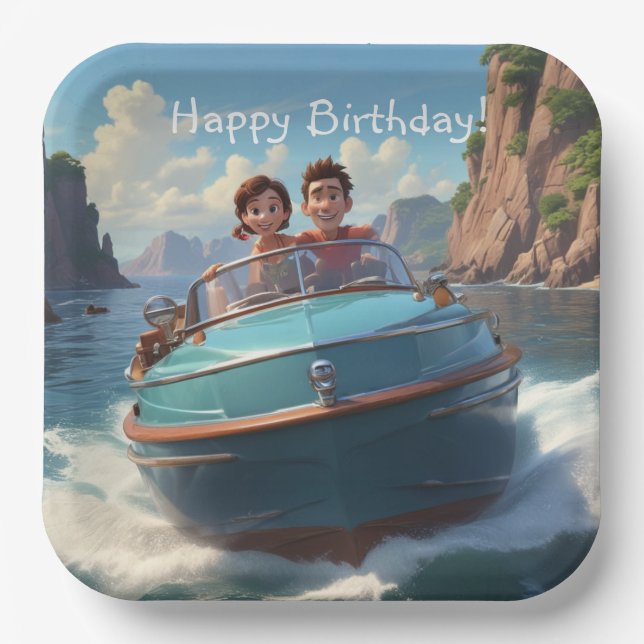 Motorboat Birthday Paper Plates (Front)