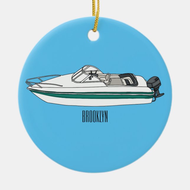 Motorboat cartoon illustration ceramic ornament (Front)