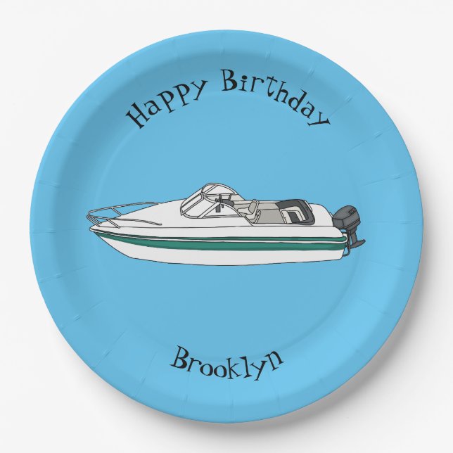 Motorboat cartoon illustration paper plates (Front)