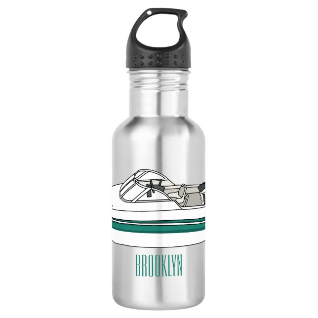 Motorboat cartoon illustration  stainless steel water bottle (Front)