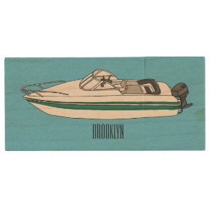 Motorboat cartoon illustration wood flash drive