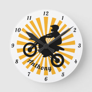 Motorcross Extreme Sport Orange Sunburst Dated   Round Clock