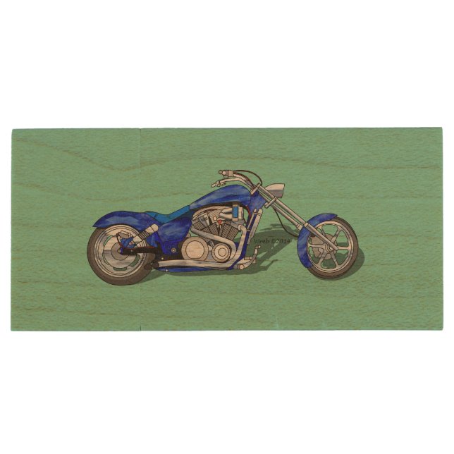 Motorcycle 1 - Blue Wood USB Flash Drive (Back)