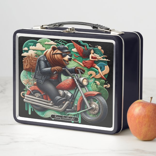 Motorcycle Adventure With a Stylish Bear Metal Lunch Box (In Situ)