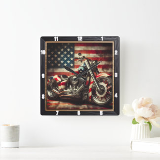 Motorcycle American Flag Patriotic Square Wall Clock