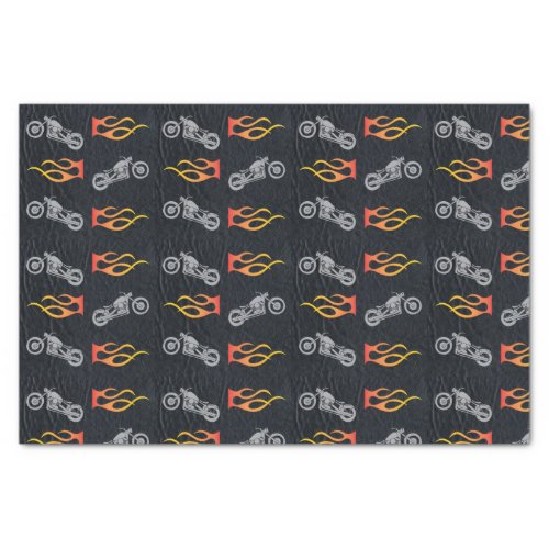 Motorcycle and flames on faux black leather tissue paper