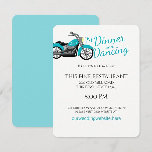 Motorcycle and Hearts Aqua Wedding Reception Invitation (Front/Back)
