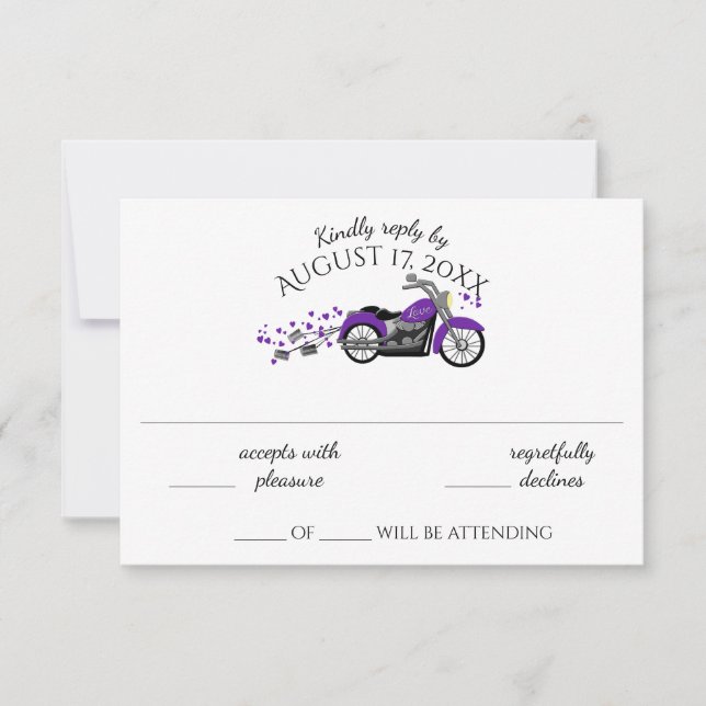 Motorcycle and Hearts Purple Wedding Response Card (Front)