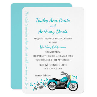 Motorcycle and Hearts Wedding Aqua Invitation