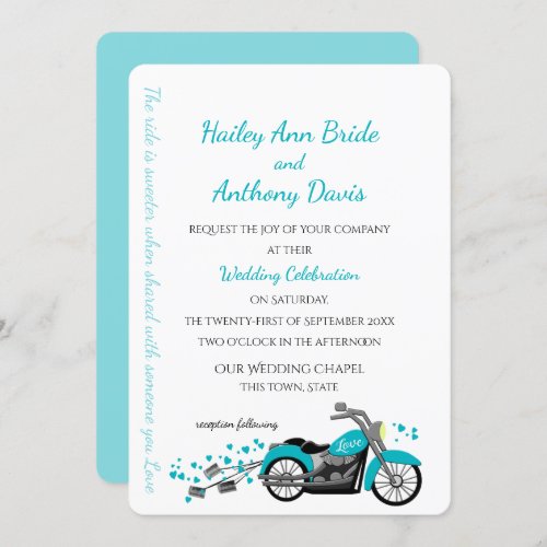 Motorcycle and Hearts Wedding Aqua Invitation