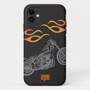 Motorcycle And Orange Biker Flames Iphone 11 Case by whereabouts at Zazzle