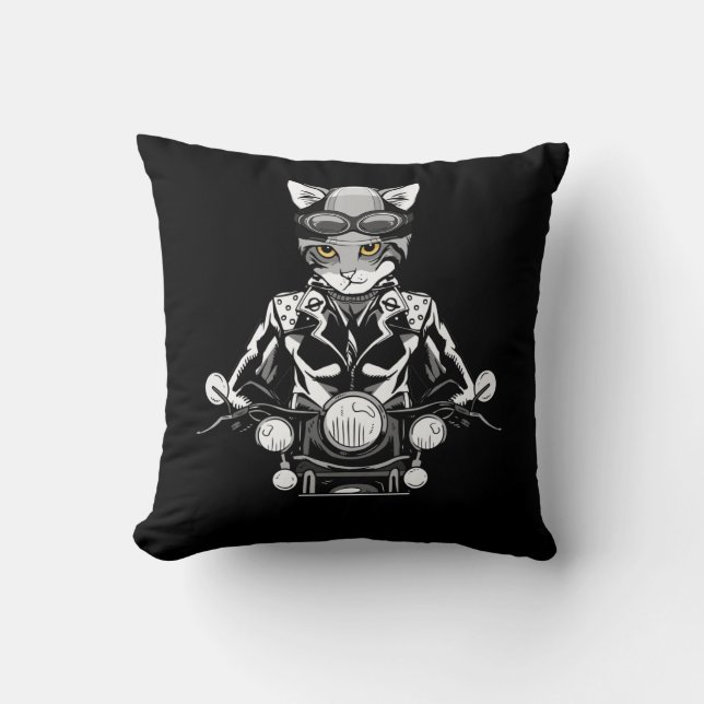 Motorcycle Biker Motorbike Rider Biker Cat Throw Pillow (Front)