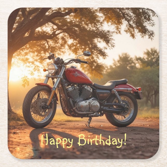 Motorcycle Birthday Square Paper Coaster (Front)