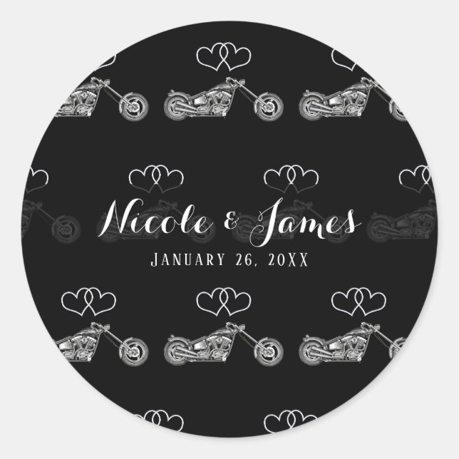 Motorcycle Black & Silver Hearts Biker Wedding Classic Round Sticker (Front)