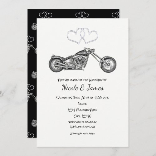Motorcycle Black  Silver Hearts Biker Wedding Invitation
