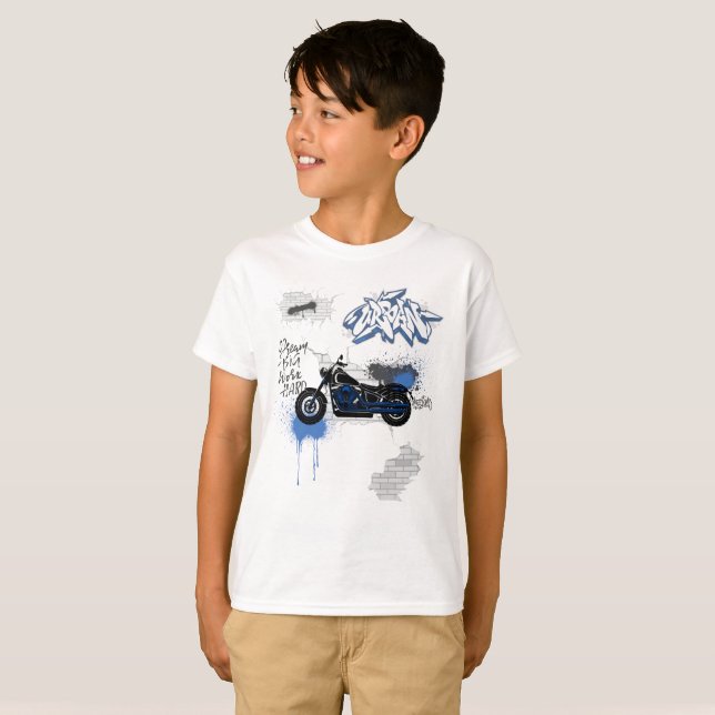 Motorcycle blue and gray graffiti boys T-Shirt  (Front Full)