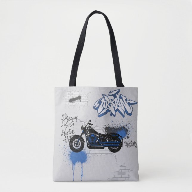 Motorcycle blue and gray graffiti tote bag (Front)