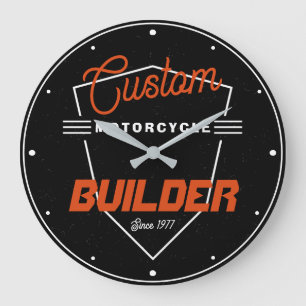 Motorcycle Builder Custom Mechanic Orange Black Large Clock