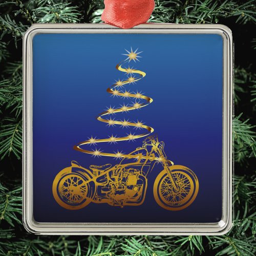 motorcycle christmas tree gold and blue metal ornament