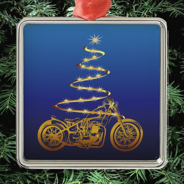 motorcycle christmas tree gold and blue metal ornament (Creator Uploaded)