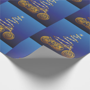 motorcycle christmas tree gold and blue wrapping paper