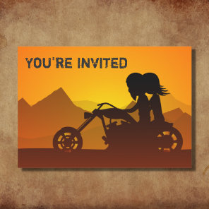 Motorcycle Couple and Mountains Sunset Wedding Invitation