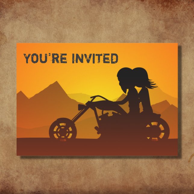 Motorcycle Couple and Mountains Sunset Wedding Invitation (Creator Uploaded)