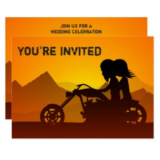 Motorcycle Couple and Mountains Sunset Wedding Invitation