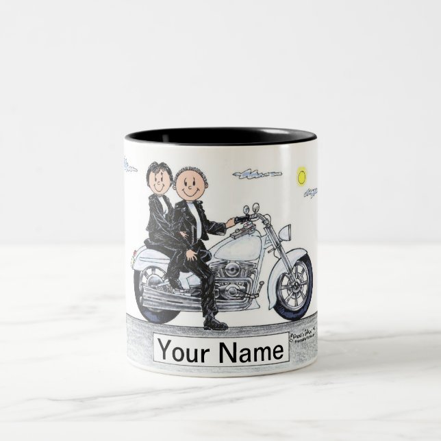 Motorcycle Couple Cartoon by PrintedPerfection.com Two-Tone Coffee Mug (Center)