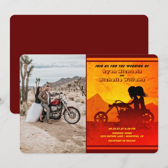 Motorcycle Couple Mountain Sunset Photo Wedding Invitation (Front/Back)