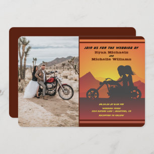 Motorcycle Couple Mountain Sunset Photo Wedding Invitation