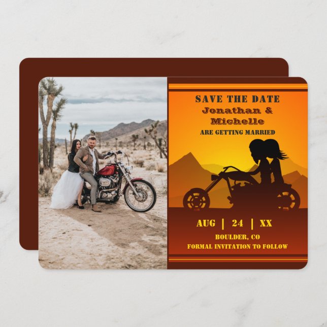 Motorcycle Couple Mountain Sunset Photo Wedding Save The Date (Front/Back)